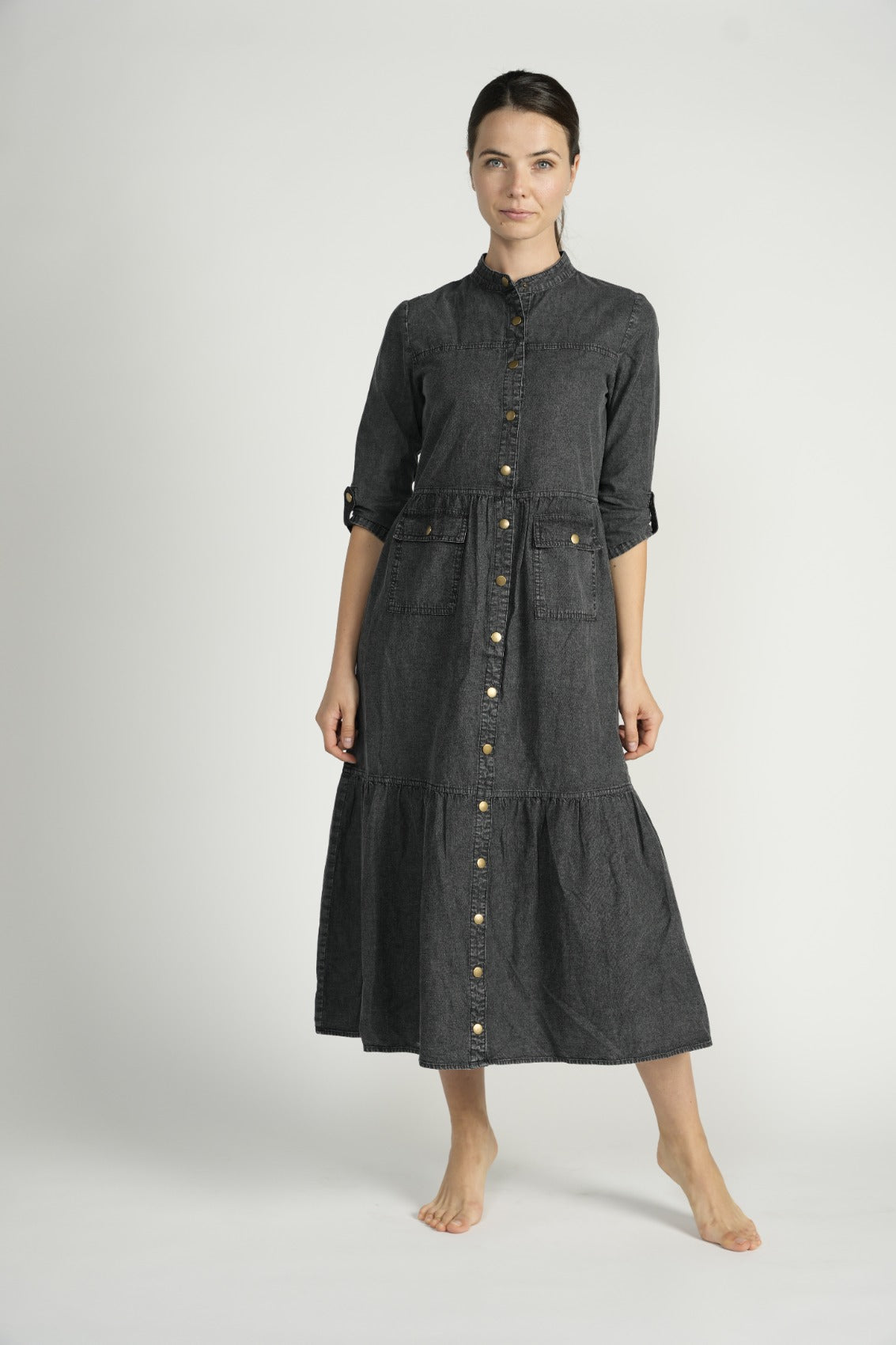 Black Denim Dress With Tiers & Snaps