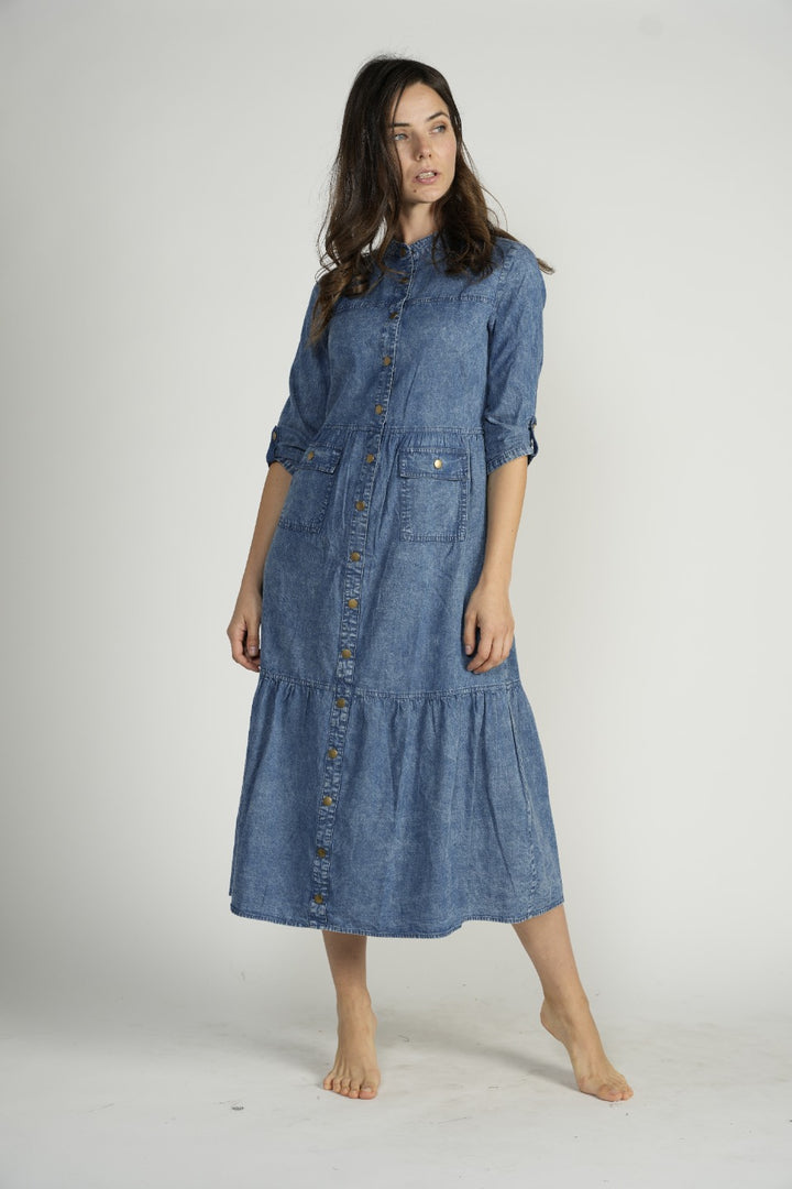 Blue Denim Dress With Tiers & Snaps