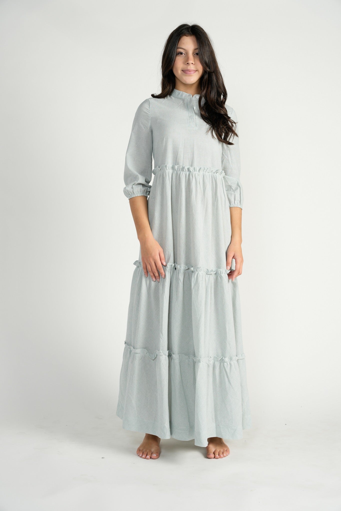 Blue/White Pinstriped Linen Maxi Dress