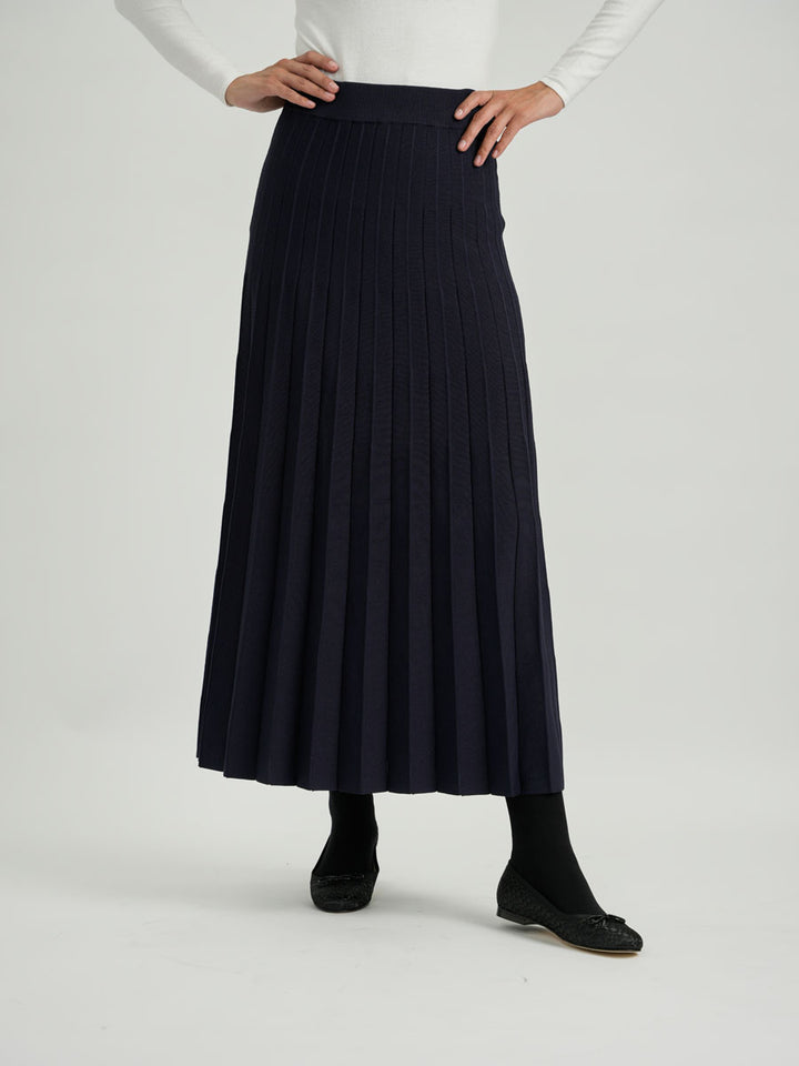 Navy Polished Knit Maxi Accordion Pleated Skirt