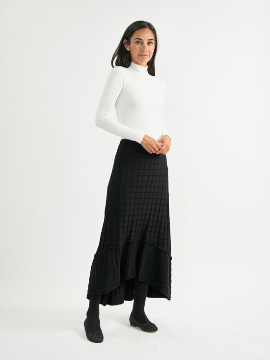 Black Square Textured Knit Hi-Lo Midi Skirt With Tier