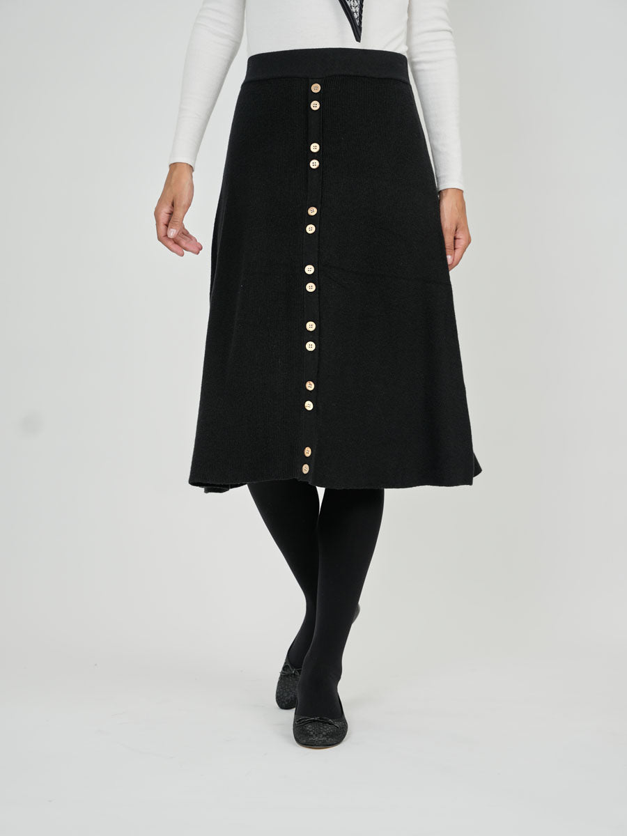 Black Knit A Line Skirt With Wooden Buttons