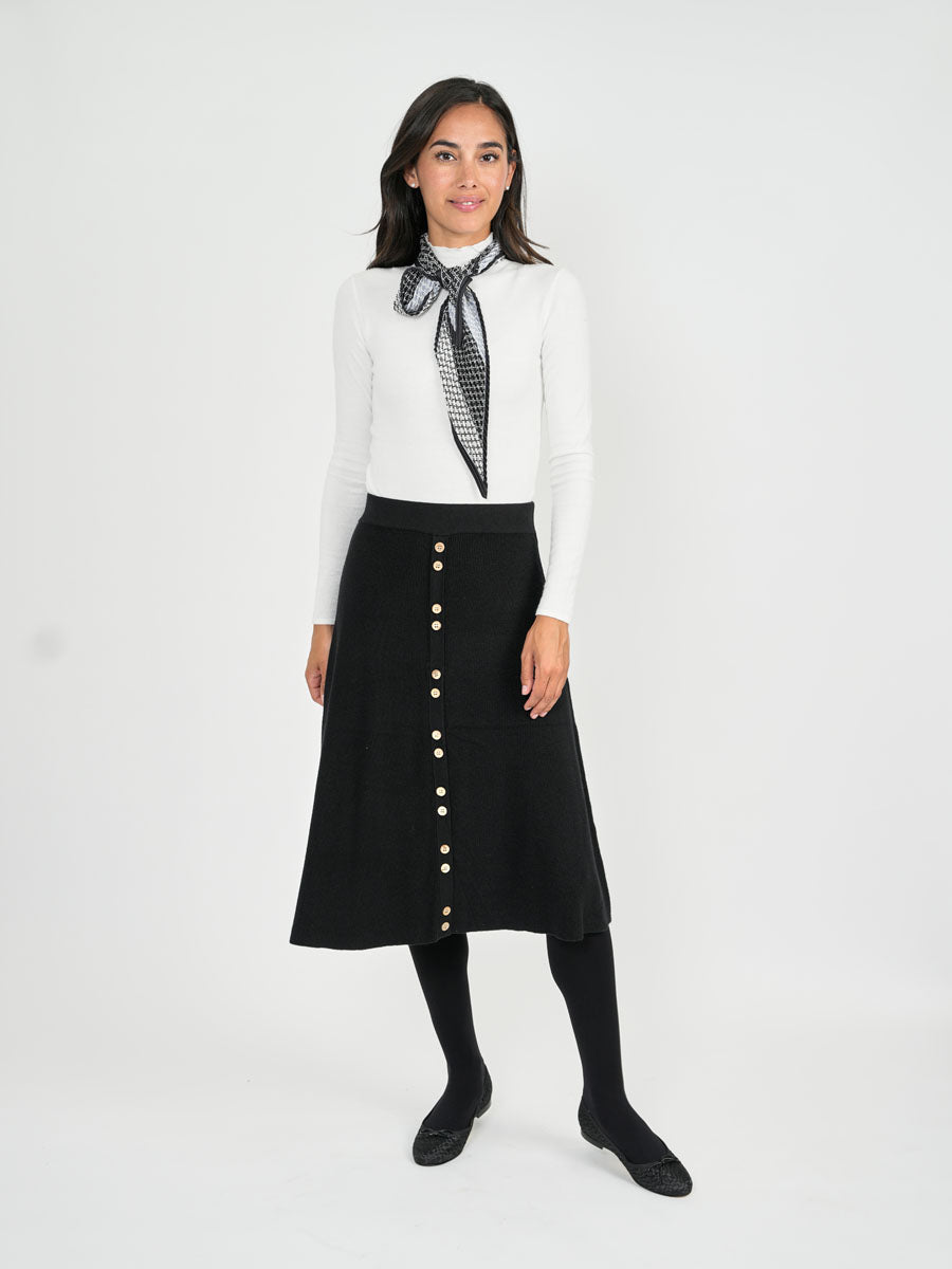 Black Knit A Line Skirt With Wooden Buttons