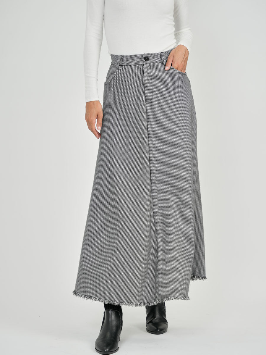 Black And White Houndstooth Maxi Skirt With Frayed Edge