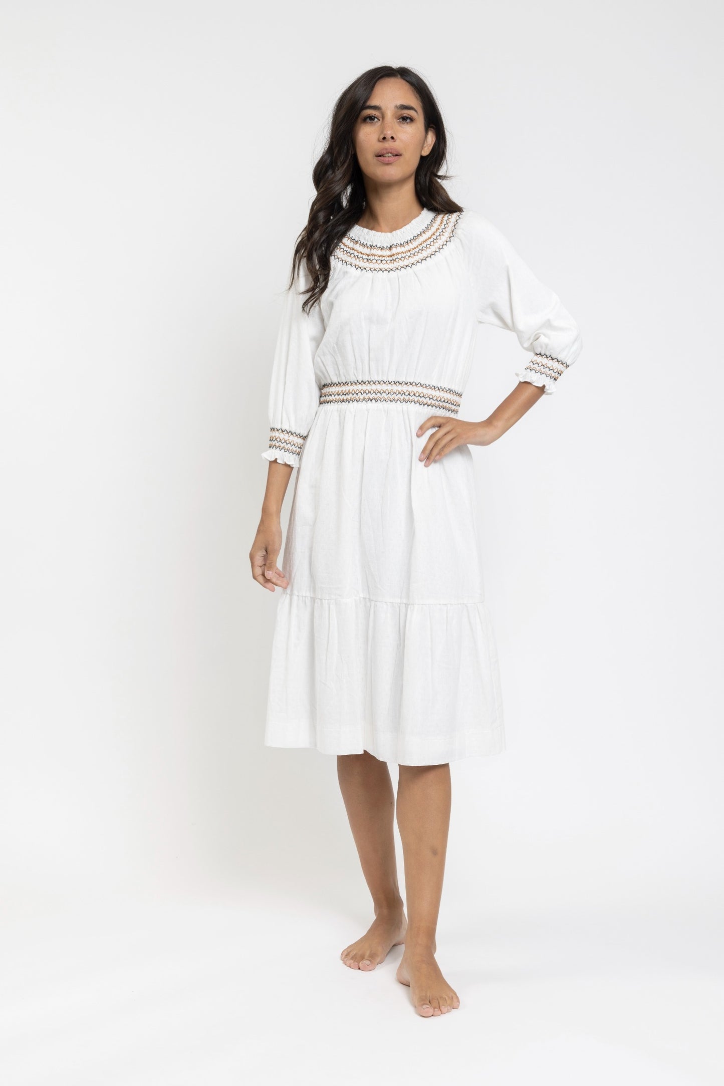 White Linen Dress With Cognac And Black Smocked Neckline Waistline And Cuffs