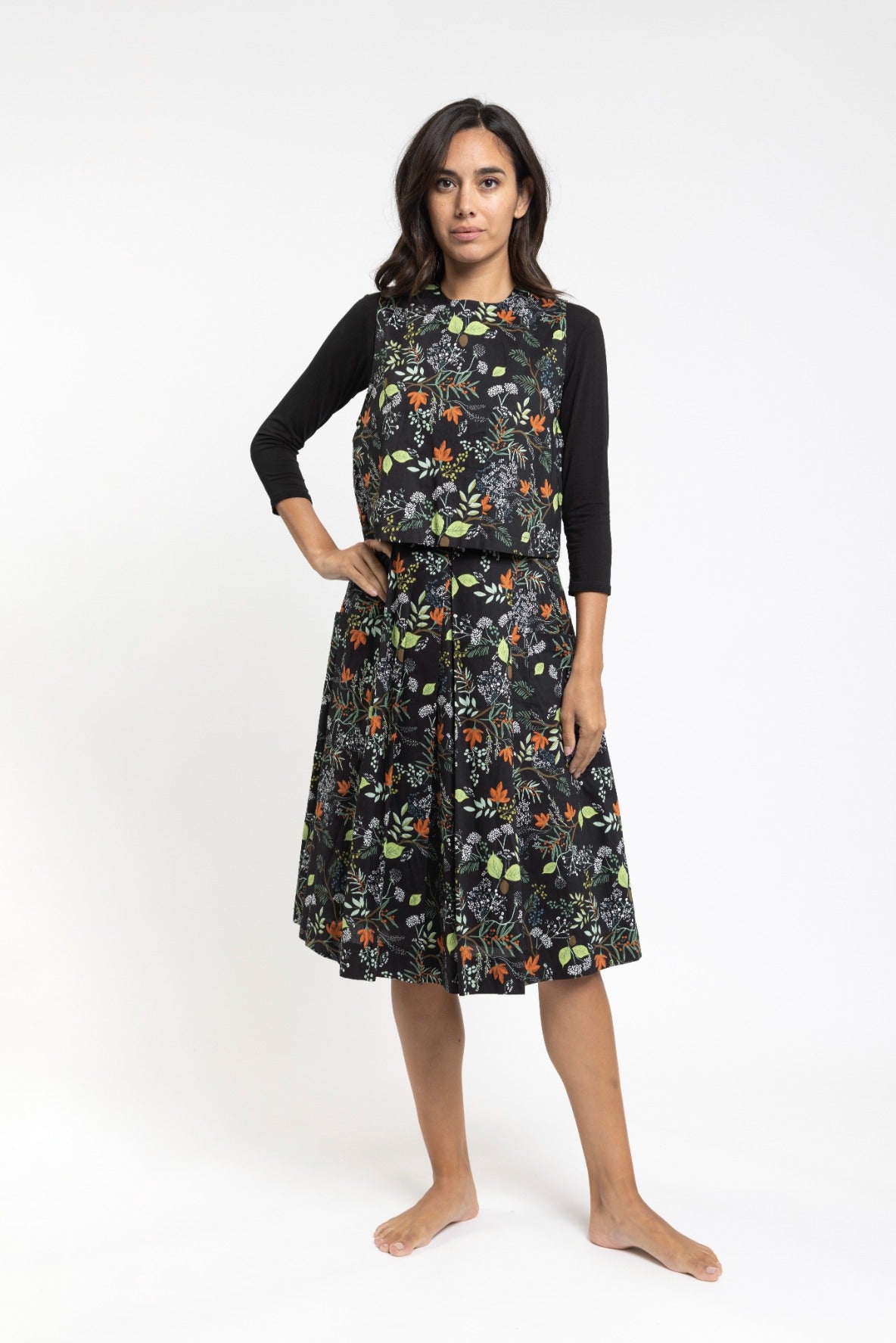 Black Floral Print Cotton Jumper With Mock Crop Top And Pockets