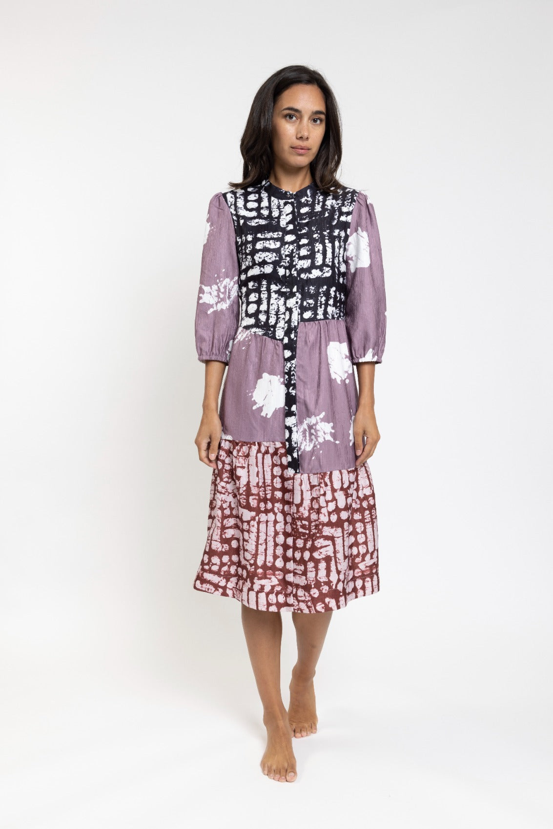 Black And Mauve Contrast Print Dress With Covered Placket