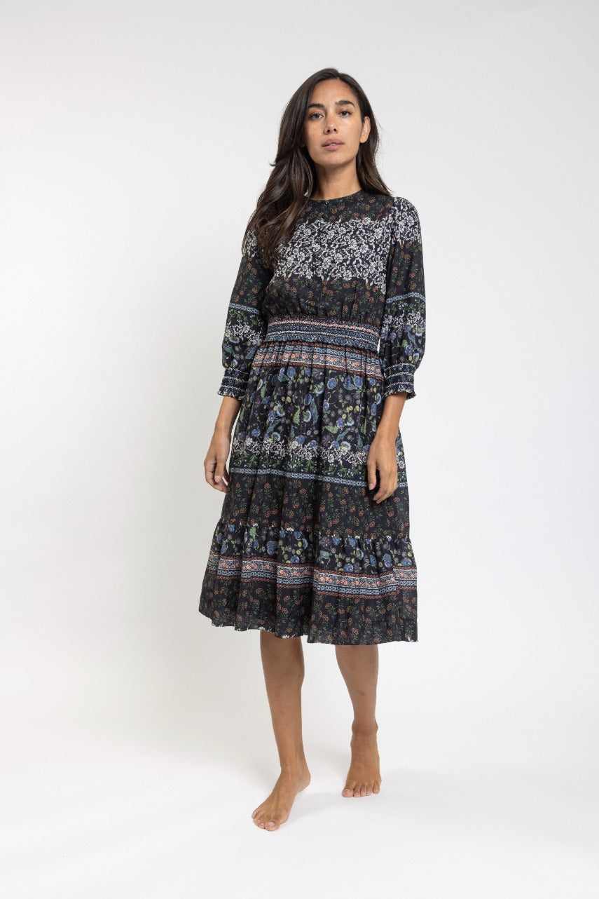 Black-Multi Colored Floral Print Dress With Smocked Waistband