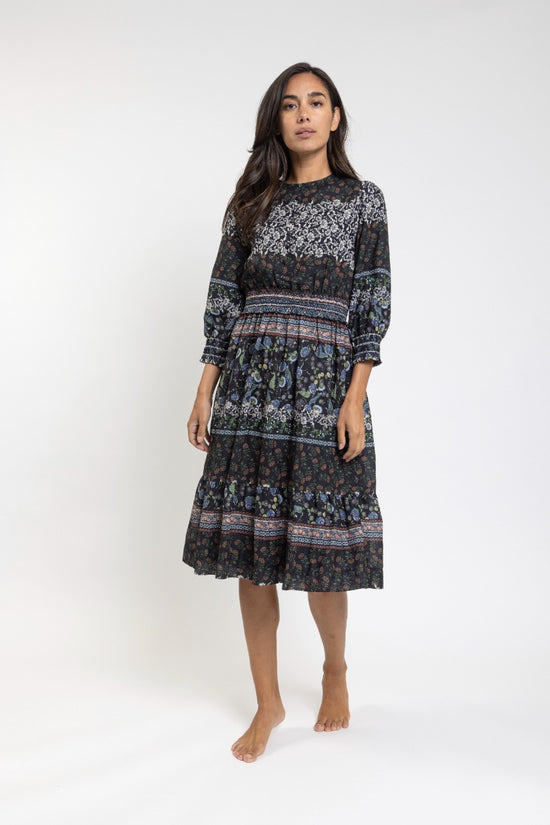 Black-Multi Colored Floral Print Dress With Smocked Waistband