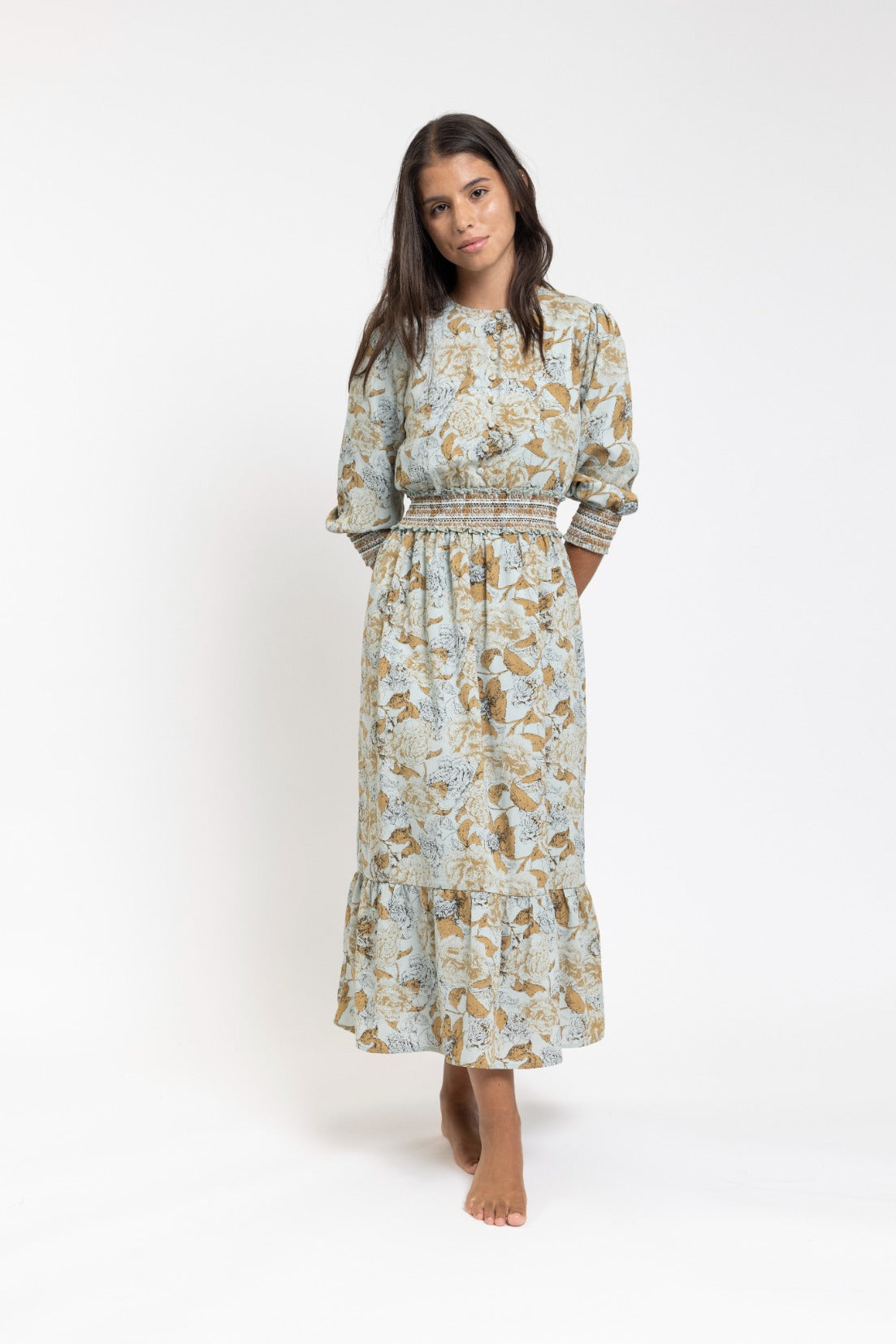 Blue And Mustard Printed Midi Dress With Exposed Stitching