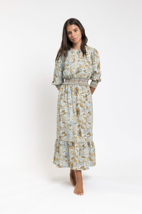 Blue And Mustard Printed Midi Dress With Exposed Stitching