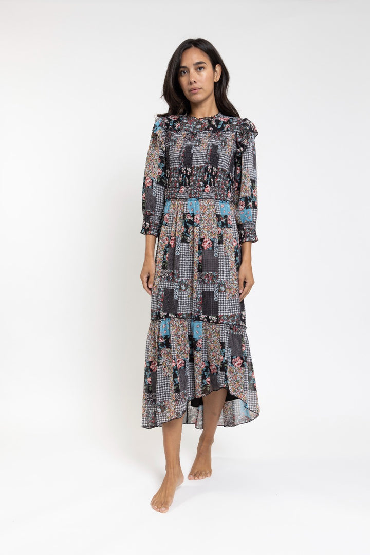 Black Mixed Print Dress With Smocking, Lurex Threads And Ruffle Trim