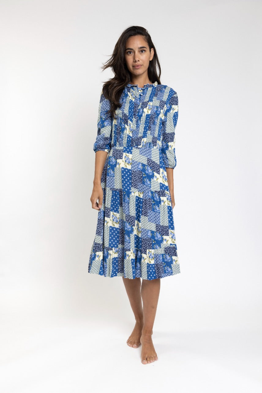 Blue And Ivory Quilt Floral Print Dress With Smocking