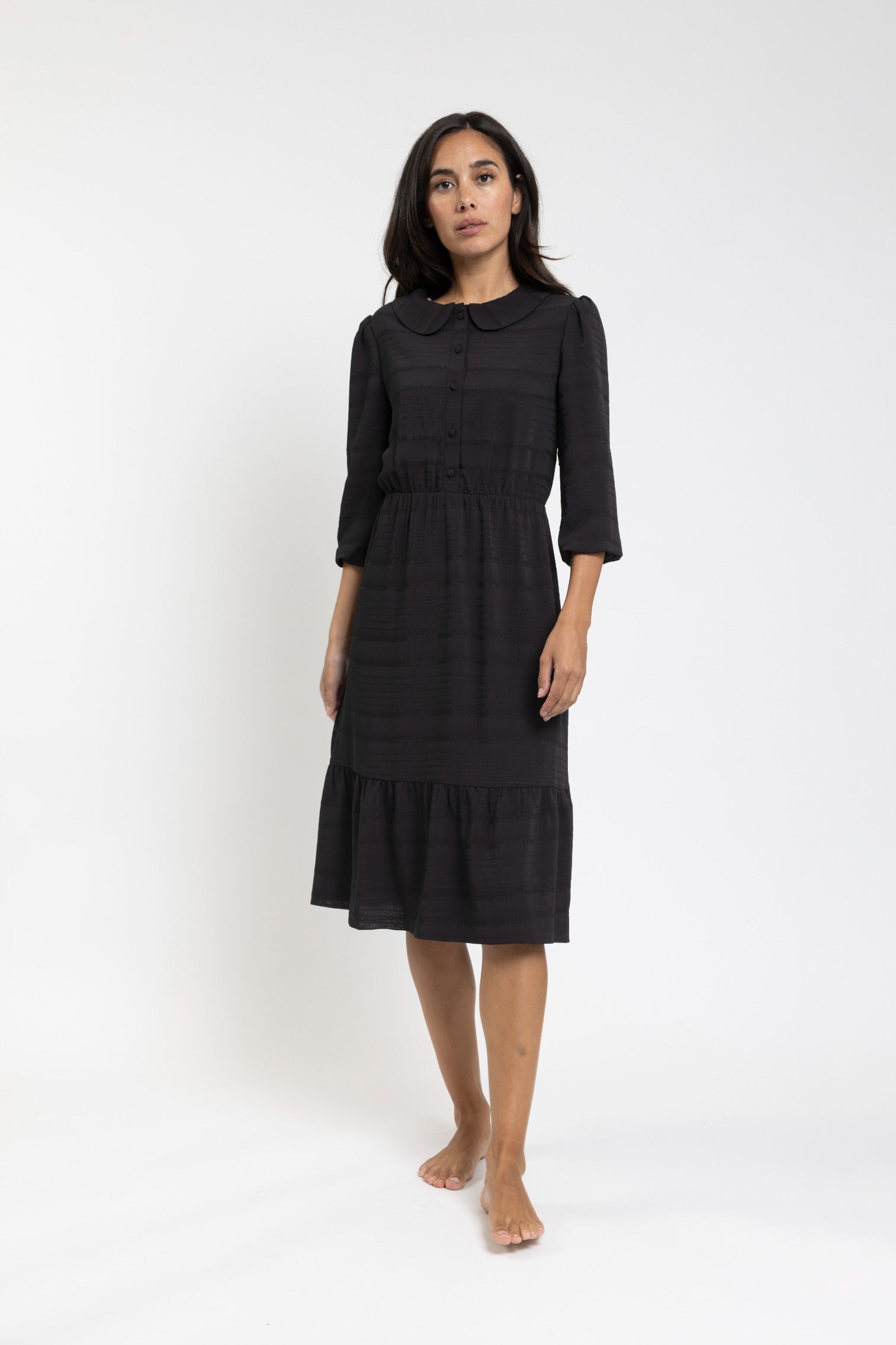 Black Chiffon Striped Dress With Peter Pan Collar And Bubble Sleeve