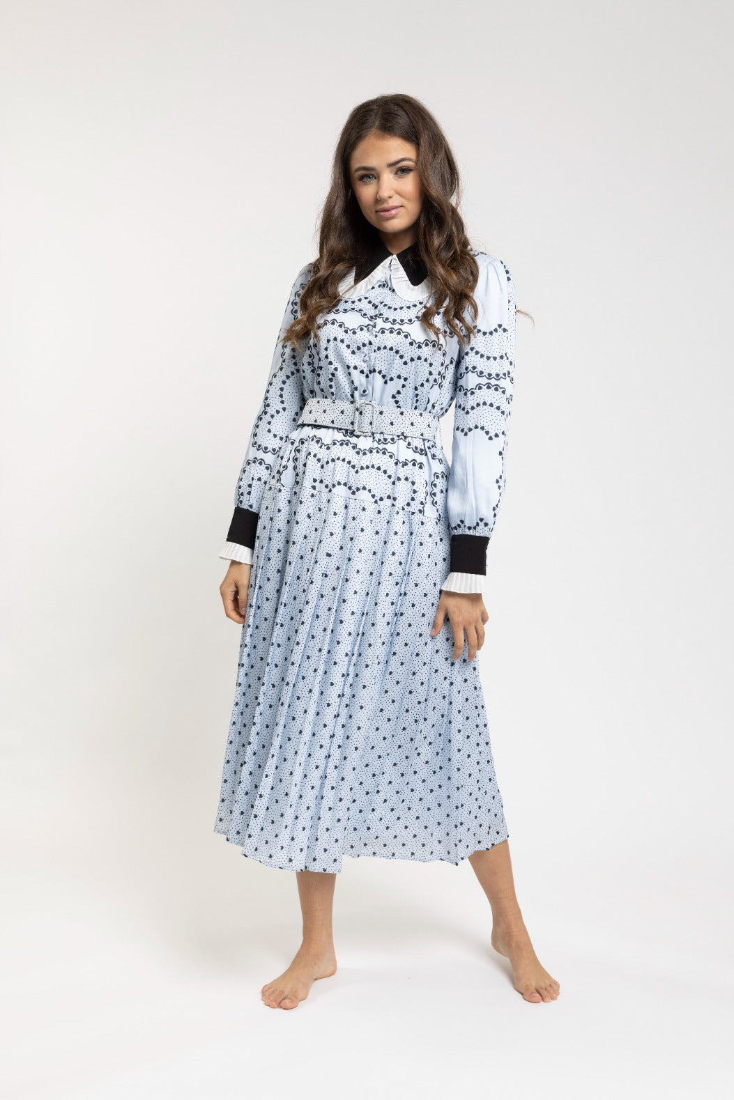 Light Blue Heart Printed Dress With Collar And Pleats