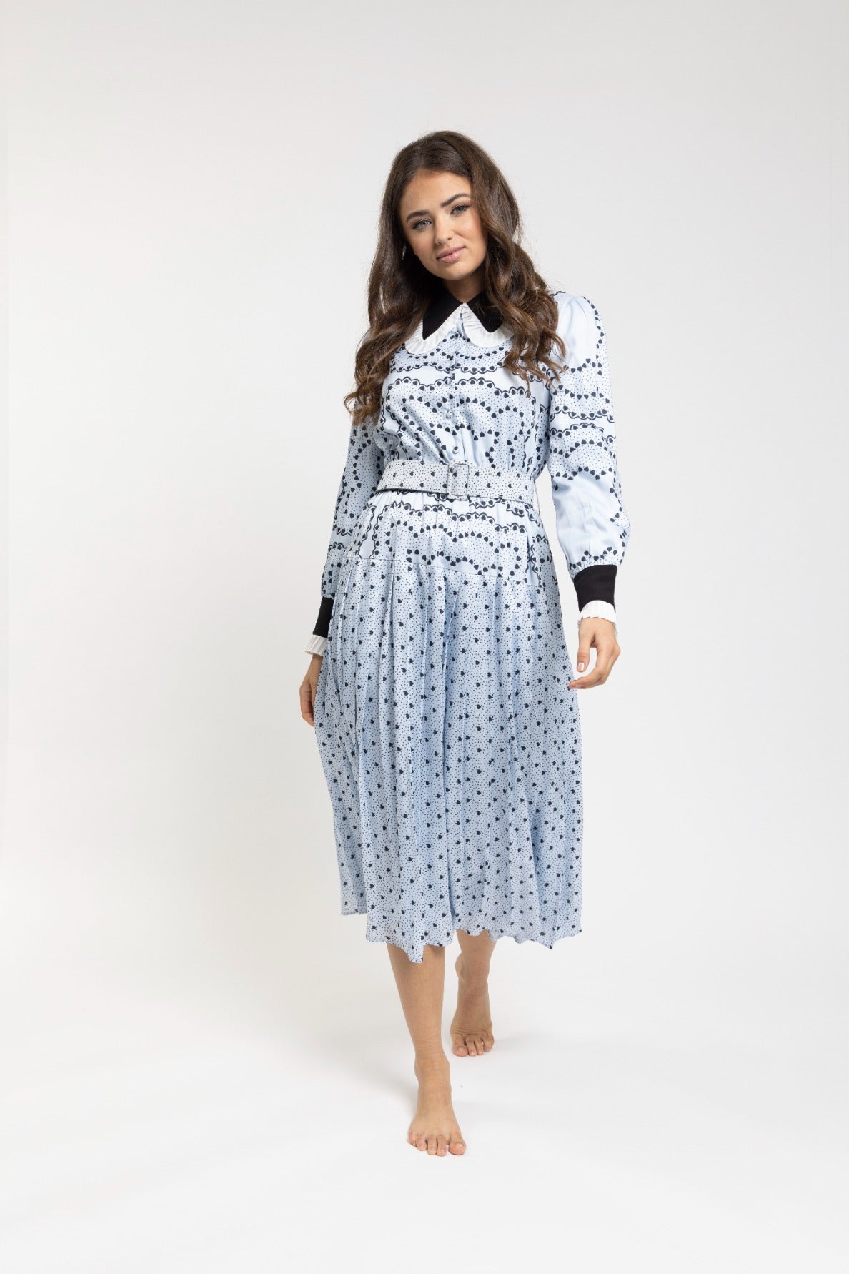 Light Blue Heart Printed Dress With Collar And Pleats