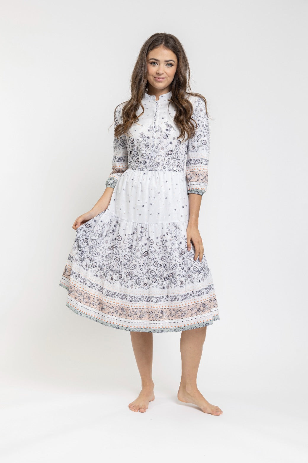 White Floral Paisley Print Tiered Dress With Mandarin Collar