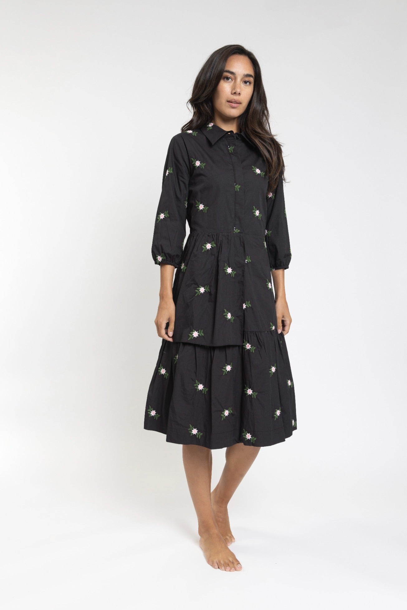 Black Tiered Dress With Floral Embroidery