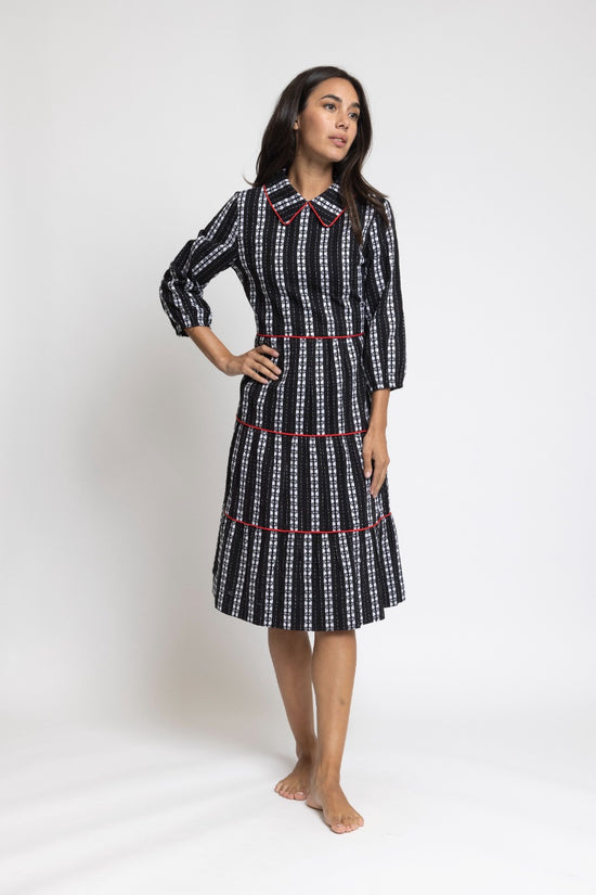 Black And White Dress With Red Piping And Collar