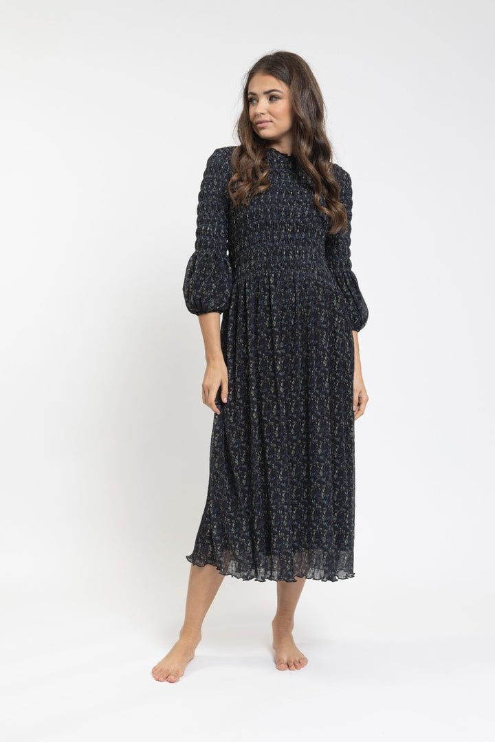 Navy Micro Pleated Dress With Floral Print