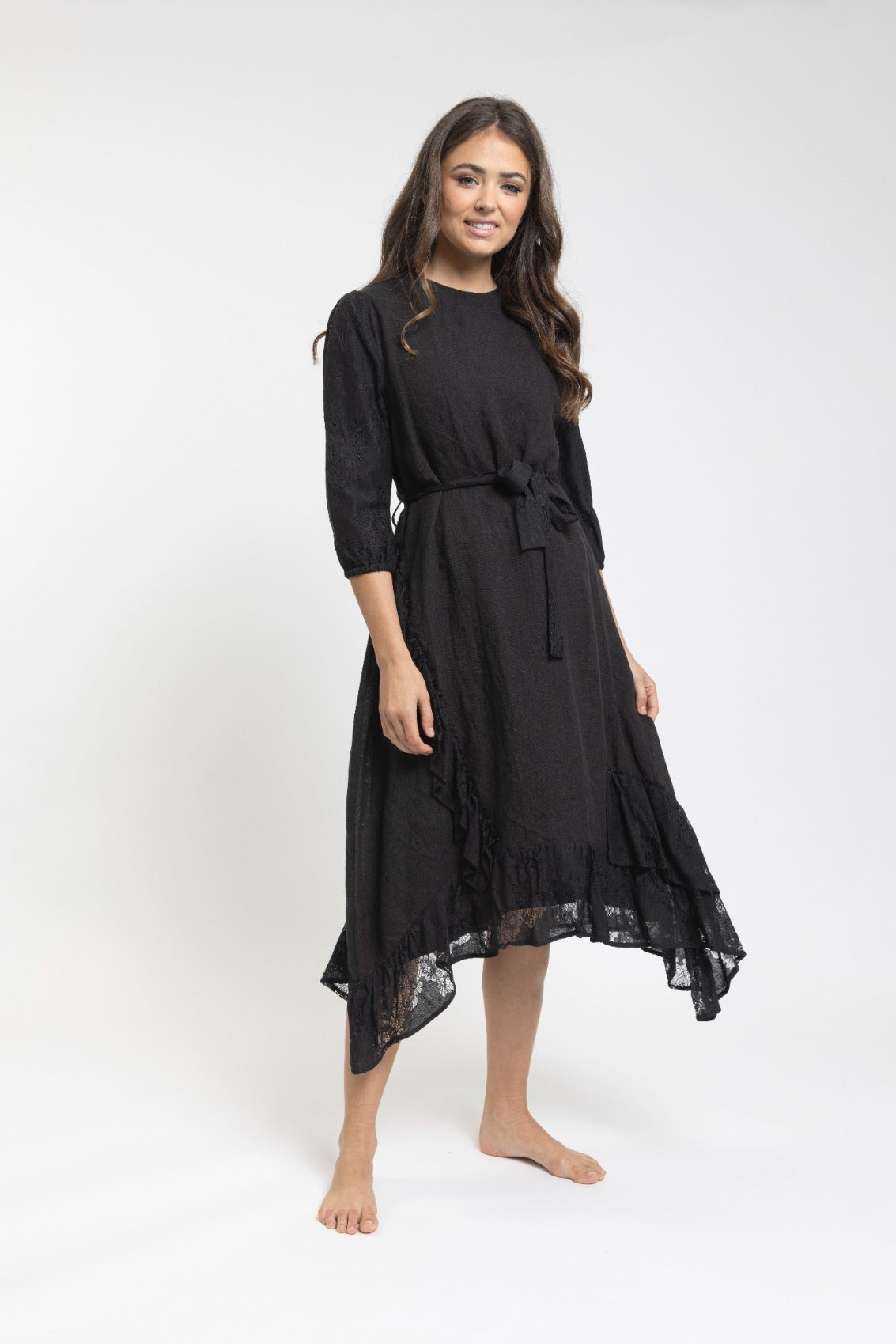 High Low Black Solid Lace Dress With Belt