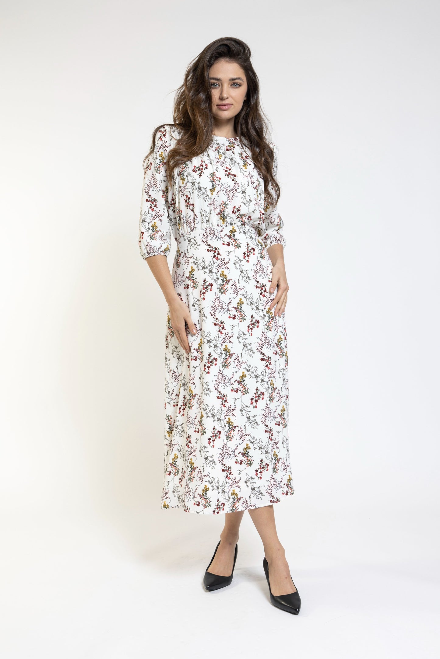 White Print High Waist Dress