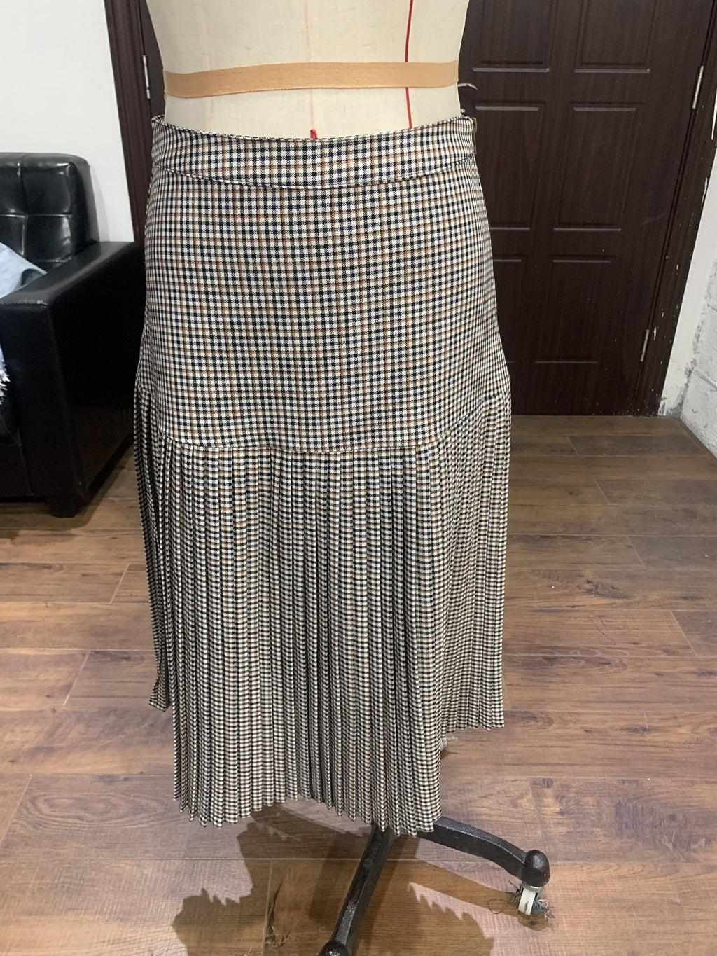 Tan And Black Plaid Drop Waist Pleated Skirt