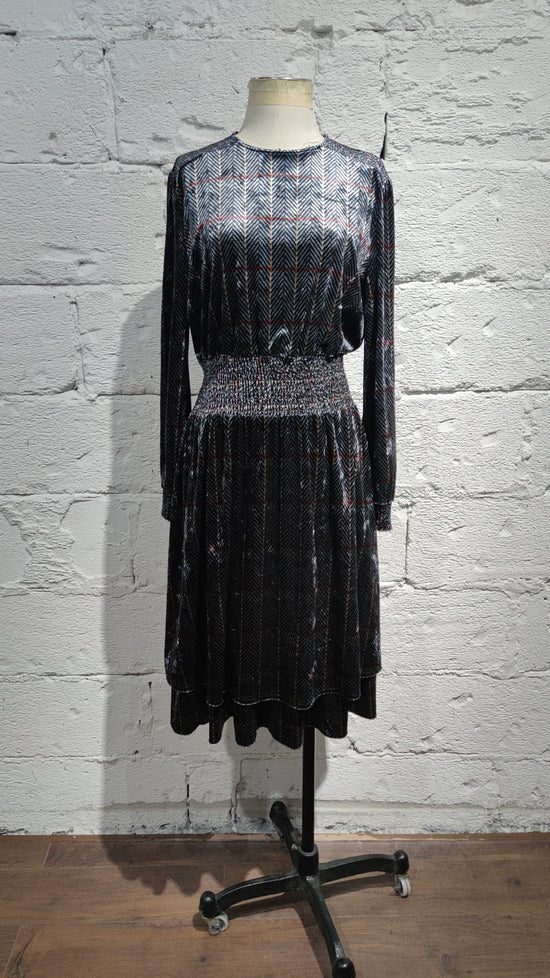 Slate And Black Velvet Printed Dress With Double Layer Bottom