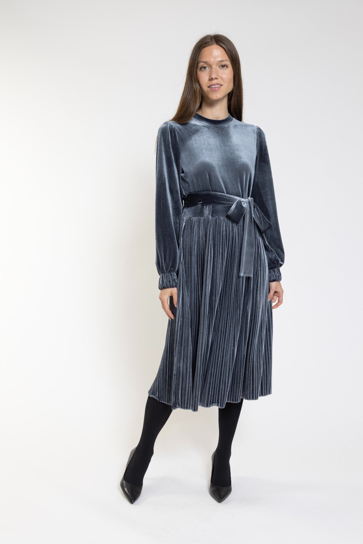 Slate Velvet Pleated Dress