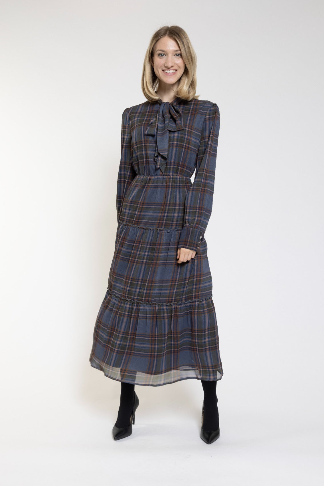 Grey And Brown Plaid, Neck Tied Dress