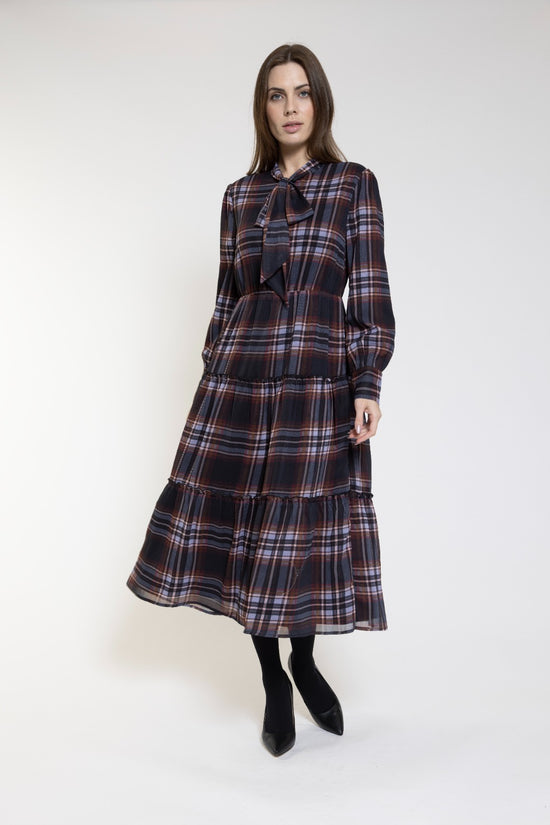 Wine Plaid Dress With Neck Ties