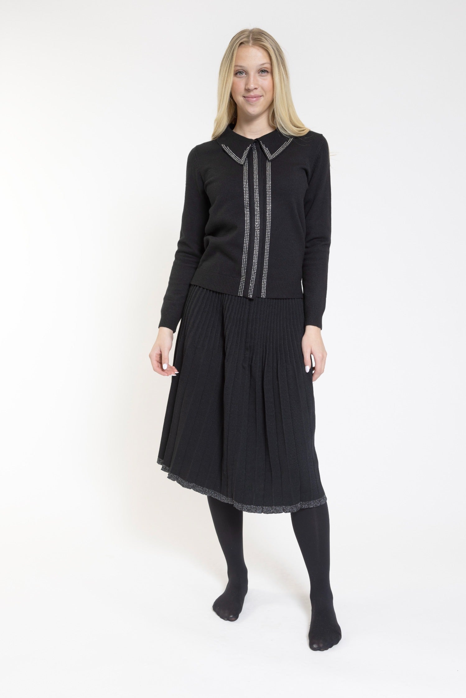 Black Knit Collared Cardigan With Rhinestoned Placket