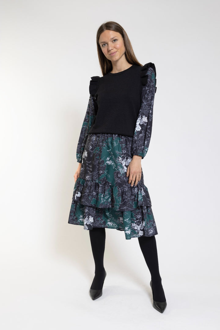 Olive Layered Skirt With Black Floral