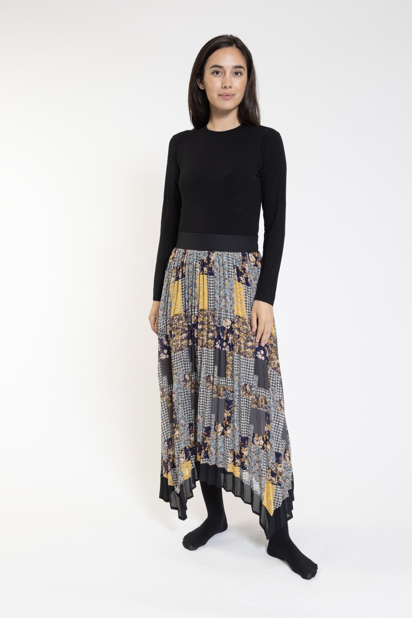 Black, White, Navy And Yellow Printed Patchwork Longer Midi Lenght Skirt