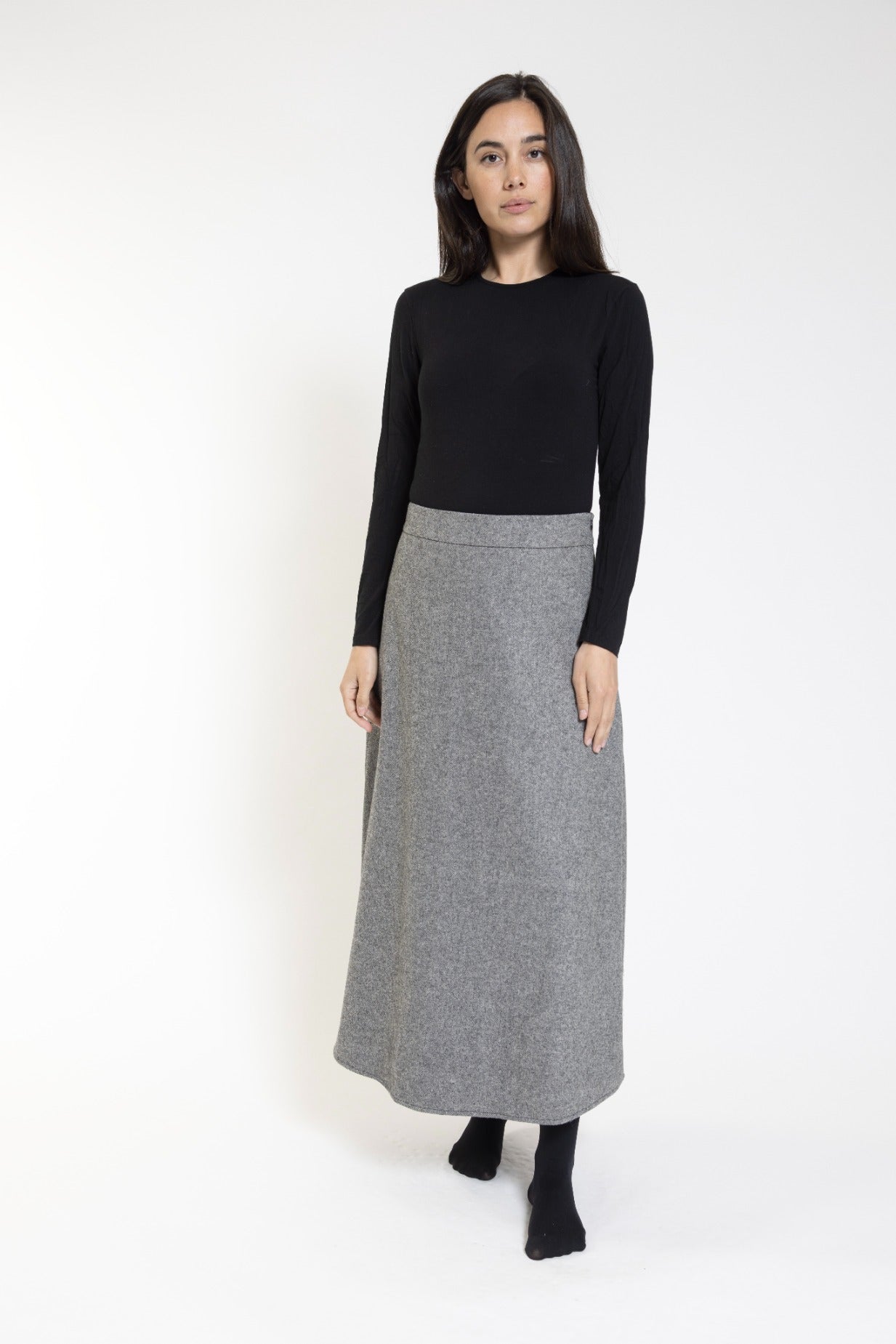 Black Heather Wool Midi Length Skirt