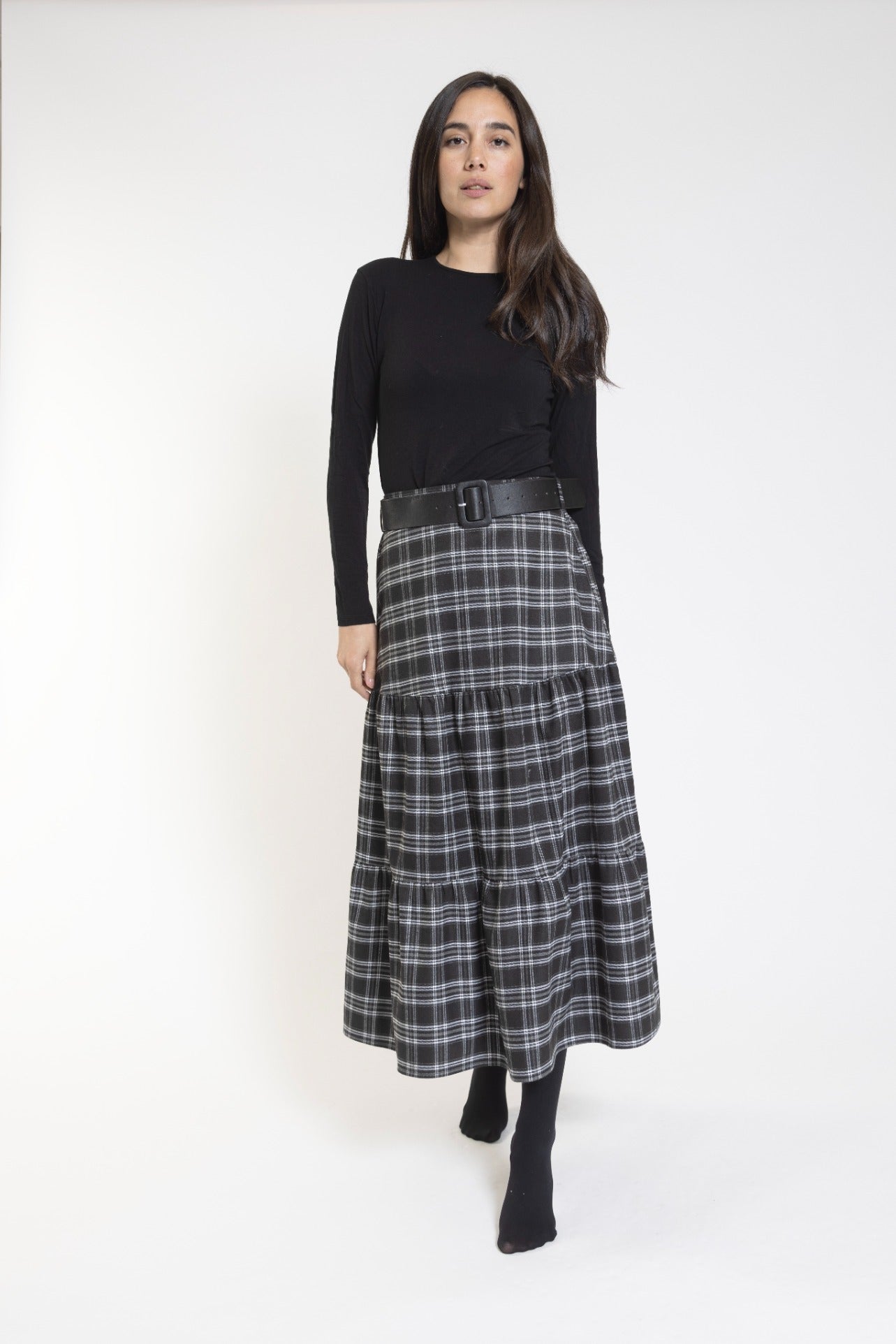 Black And White Plaid Tiered Skirt With Belt Detail