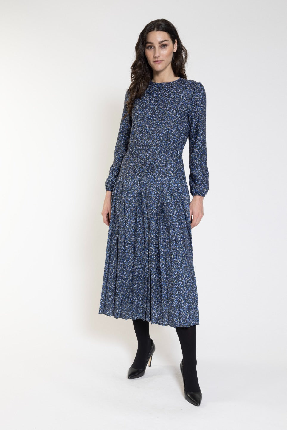 Black Base And Blue Print String Belt Dress