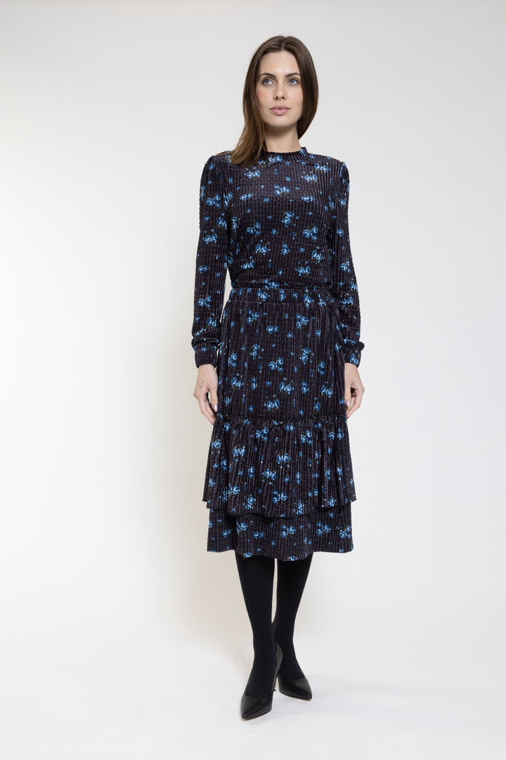 Black Velvet Skirt With Blue Printed Flowers And Double Layered Bottom