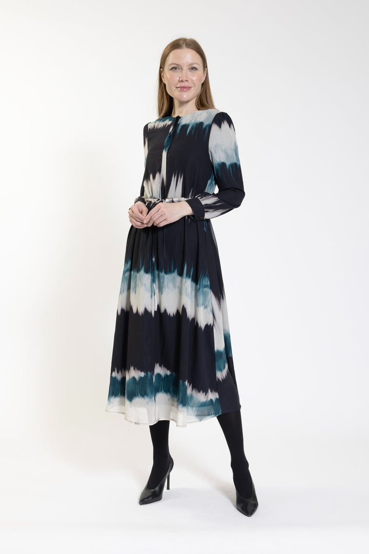 Torquise And Black Tie Dyed Draw String Dress