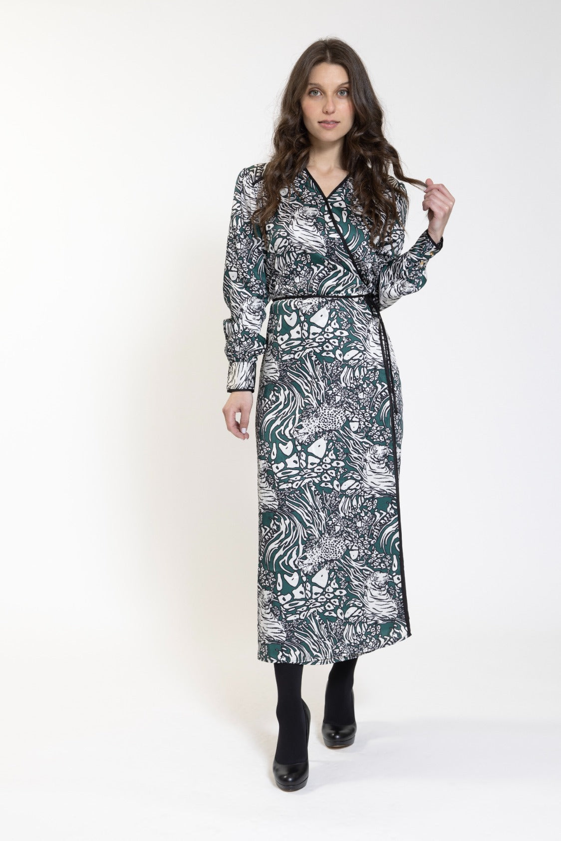 Green And White Animal Printed Wrap Dress