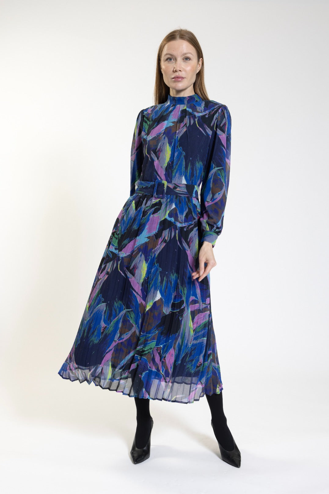 Blue Multi Abstract Belted Dress