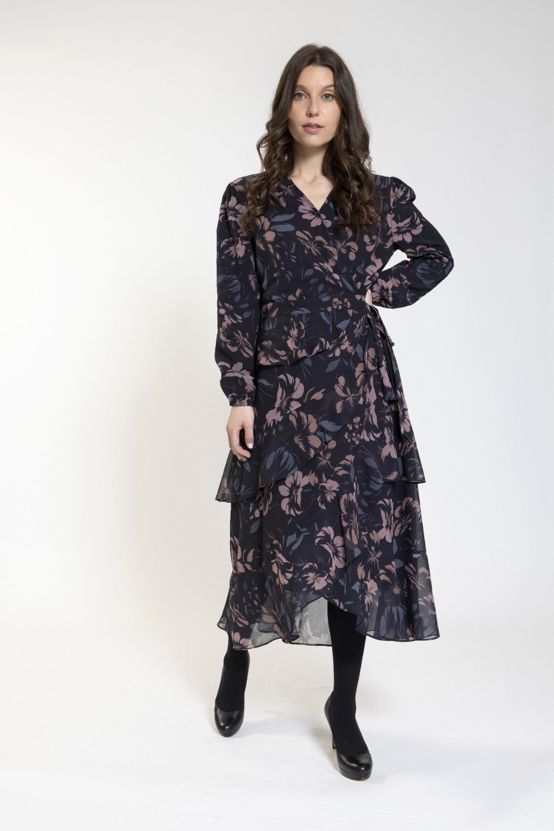 Black And Mauve Printed Ruffle Wrap Dress