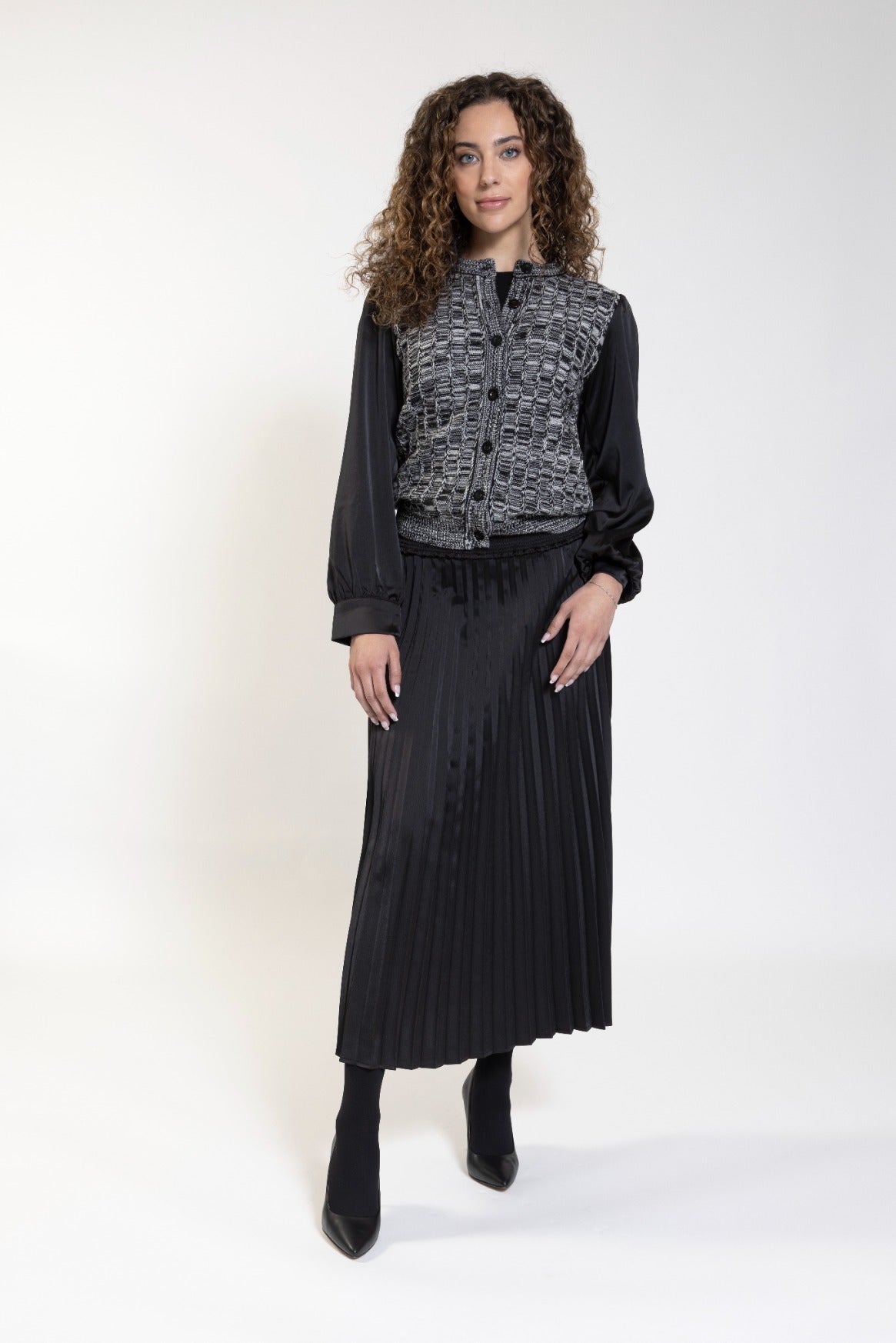 Black Smocked Satin Pleated Skirt