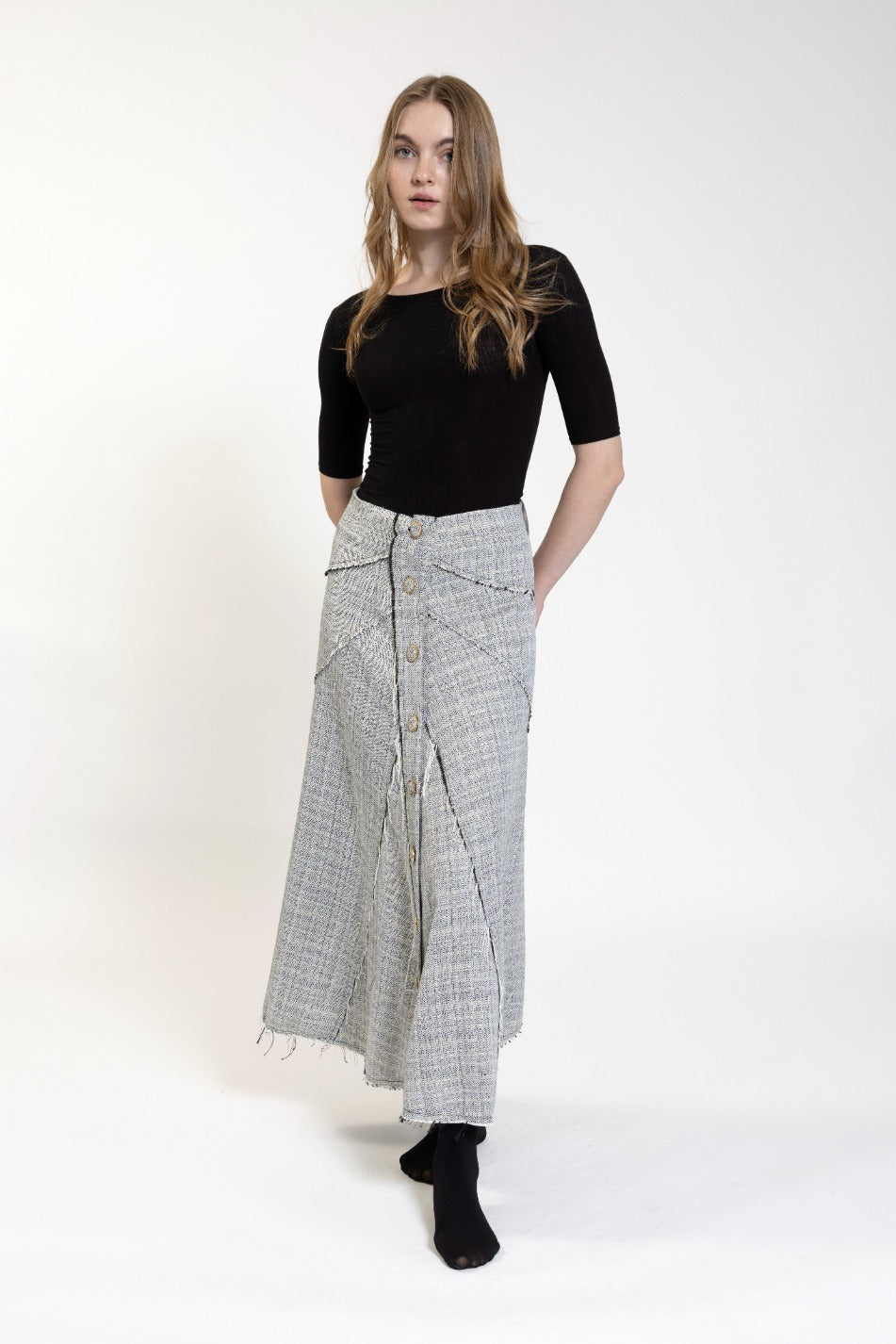 Black And White Tweed Button Down Skirt