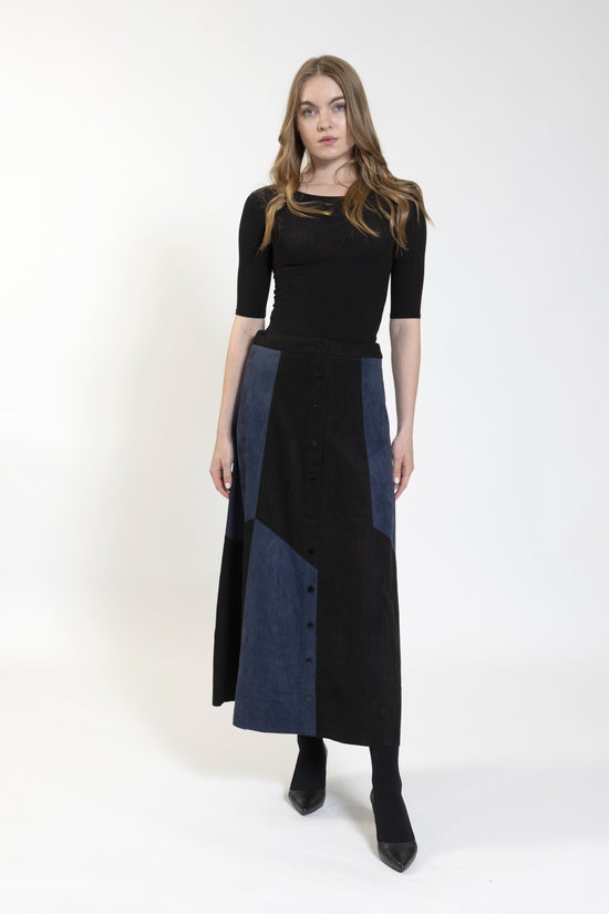 Black And Navy Suede Colorblock Skirt