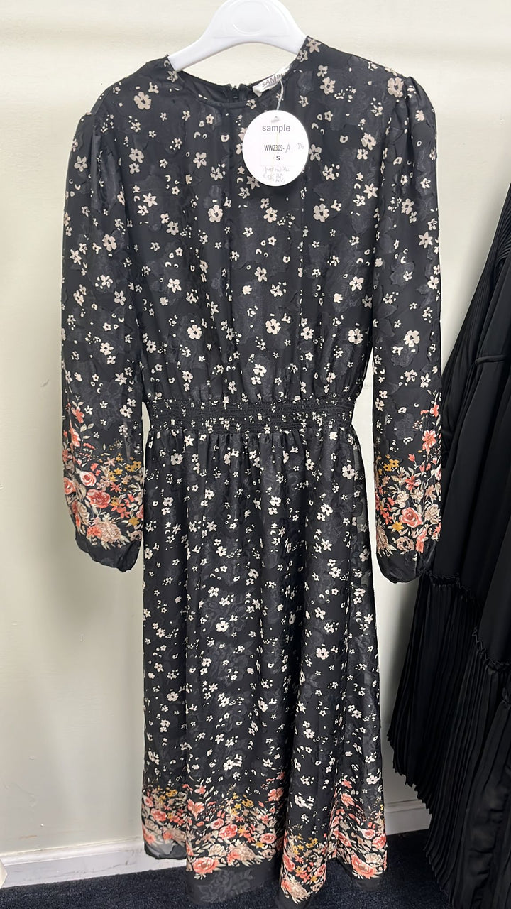 Black Dress With Flower Print On Sleeve