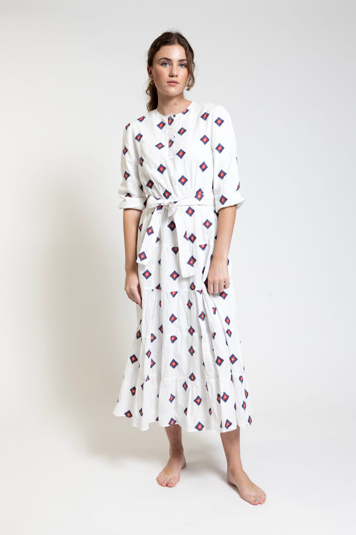 White Base Square Embroidery Dress