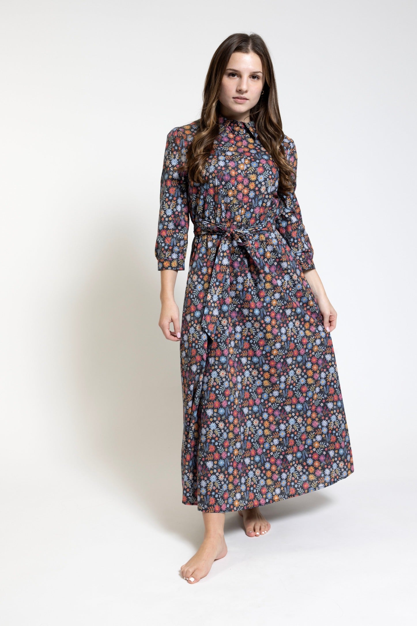 Black Base Multiflower Printed Shirt Dress