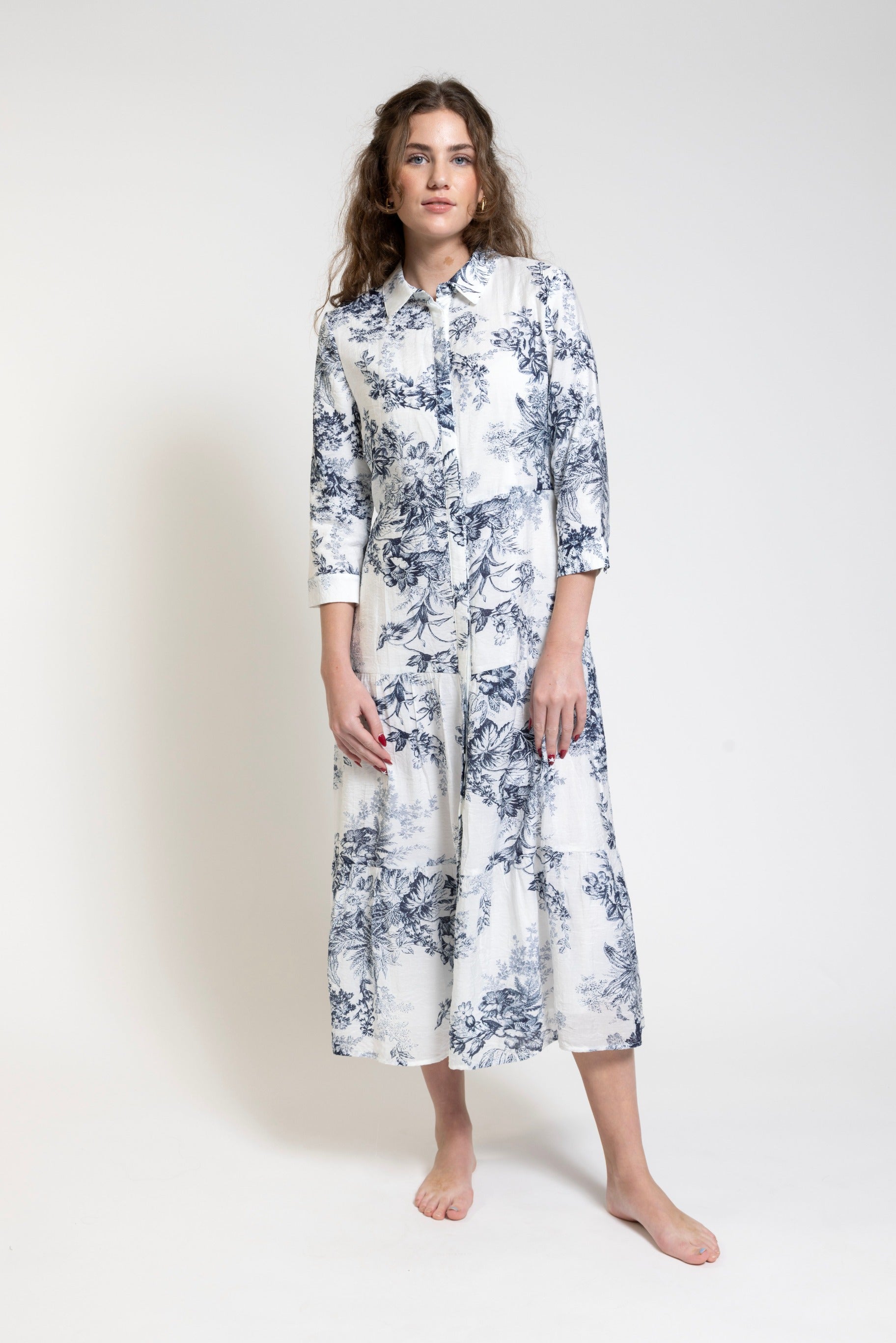 White Base Blue Printed Tiered Shirt Dress