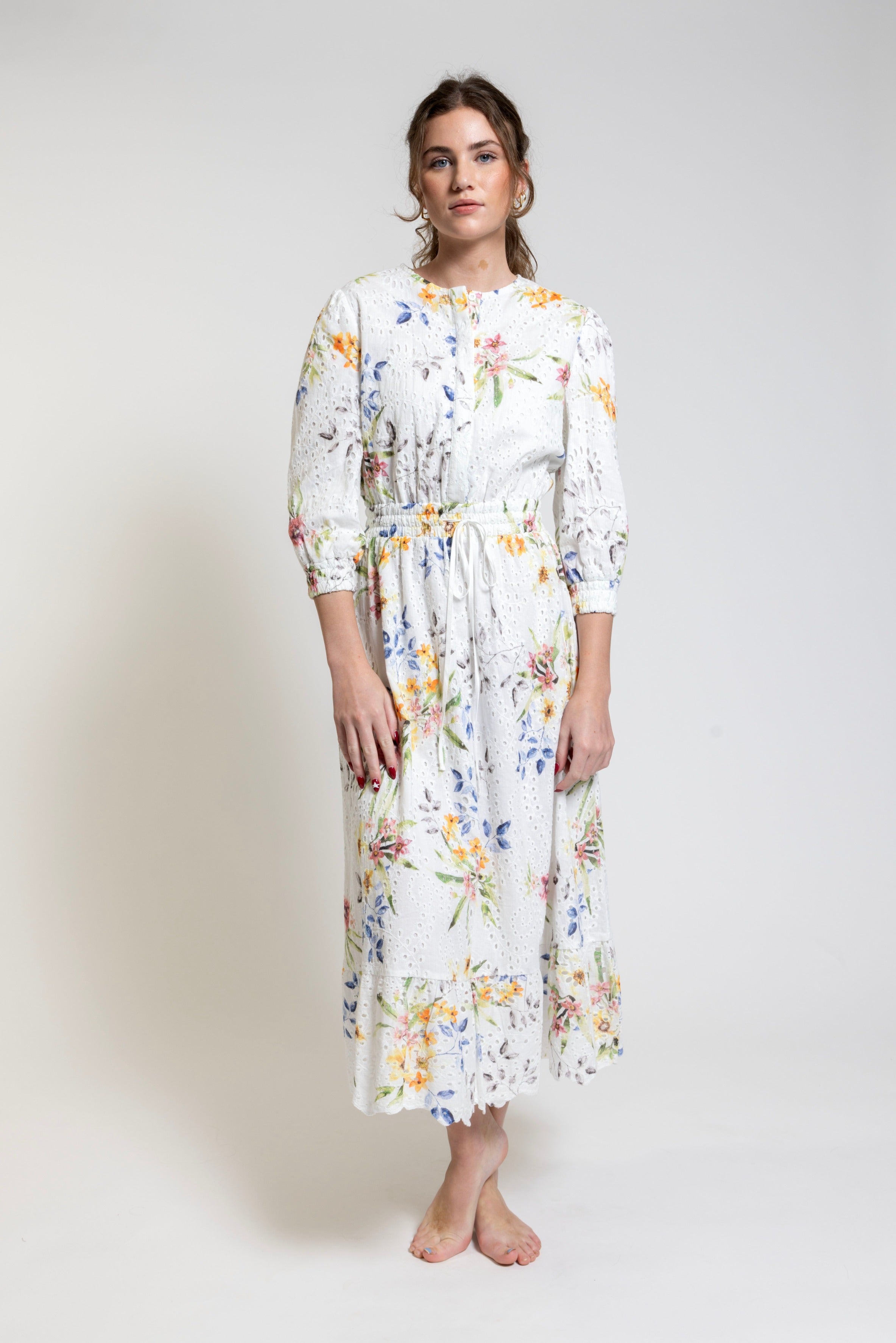 White Embroidery With Multiflower Printed Dress